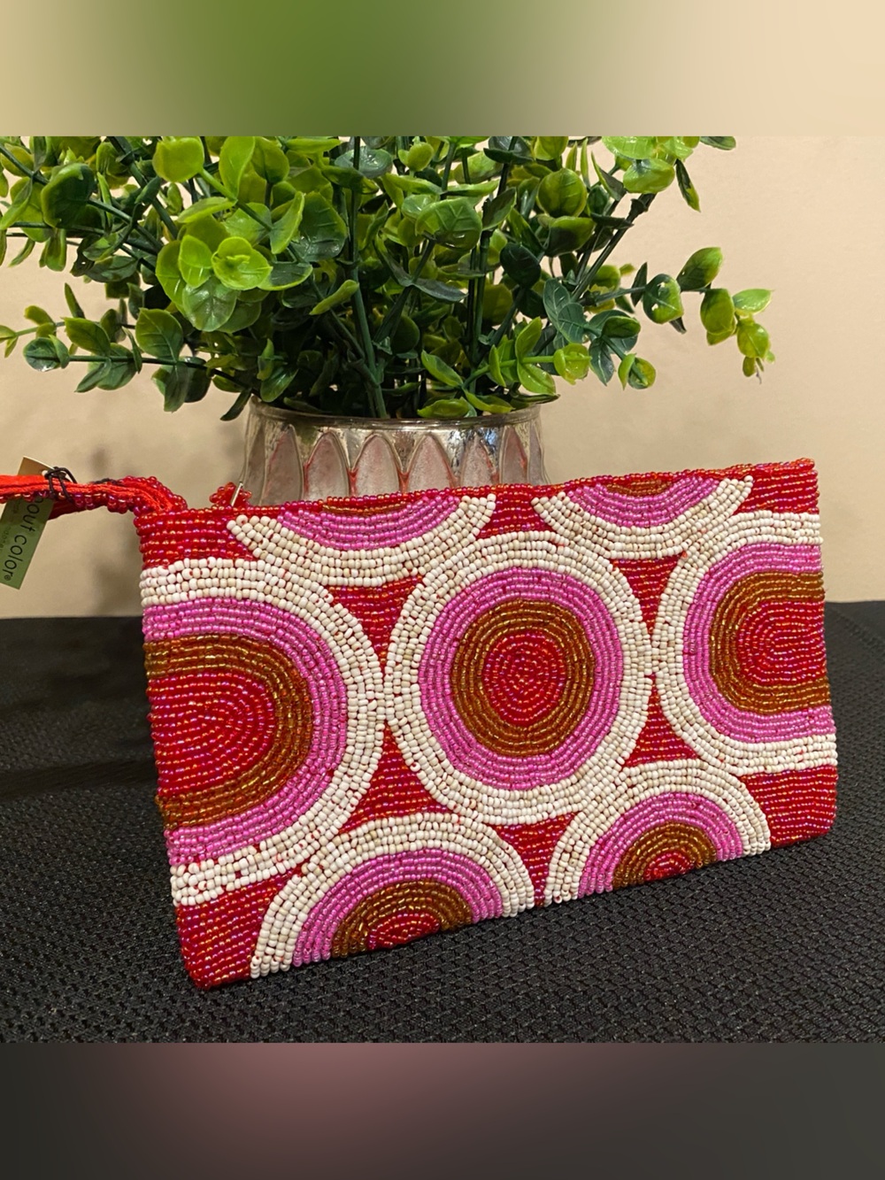 Beaded Circle Pattern Wristlet Clutch in Red, Pink & White